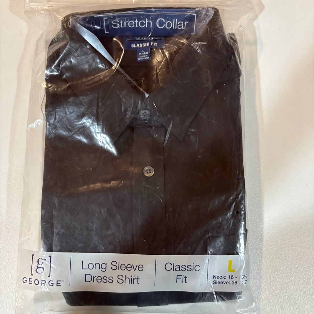 George Mens Long Sleeve Dress Shirt Black Classic Fit Stretch Collar L 42-44 NEW